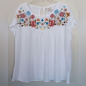 Forgotten Grace Antropologie Embroidered Floral White Top Sz 1X